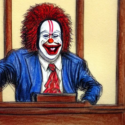 Prompt: UHD courtroom sketch of cosmic clown Judge wearing authentic clown costume and real bizarre clown makeup, with Alex Jones on Trial, correct face, accurate faces, intricate details, intricate cllown judge