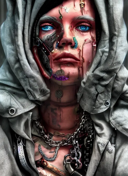 Image similar to portrait photo, 3 5 mm lomography, female doorwoman, gang clothing fashion, id magazine, hyperrealism, detailed textures, photorealistic, cyberpunk apocalyptic city, ultra realistic, cinematic, intricate, cinematic light, 8 k, david la chapelle, david kostic, artgerm