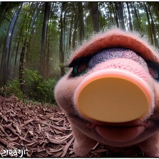 Prompt: miss piggy eats a truffle, trailcam footage, lofi, closeup, fisheye lens, early dawn, forest fog, muted tones, moisture on lens