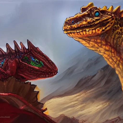 Prompt: dramatic concept art painting of lizard wizards
