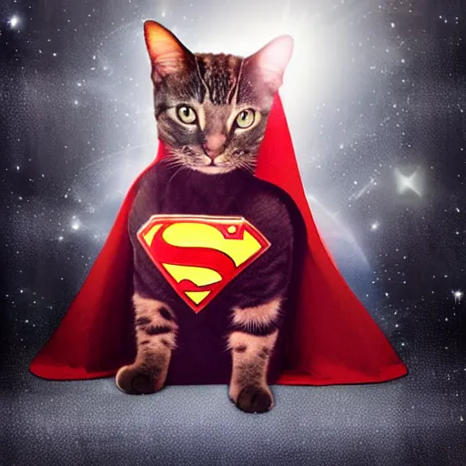 Image similar to a cat wearing superman cape, a red cape floating through galaxies of space on a recliner chair, cosmic rays, dramatic lighting, spirals galaxies