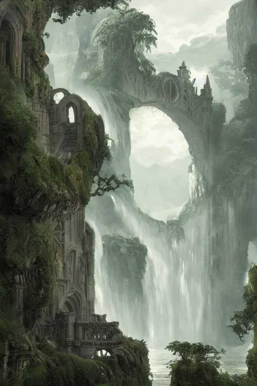 Prompt: gigantic castle, arches adorned pillars, towers, archways, gnarly trees, lush vegetation, forrest, a small stream runs beneath the waterfall, landscape, raphael lacoste, eddie mendoza, alex ross, concept art, matte painting, highly detailed, rule of thirds, dynamic lighting, cinematic, detailed, denoised, centerd