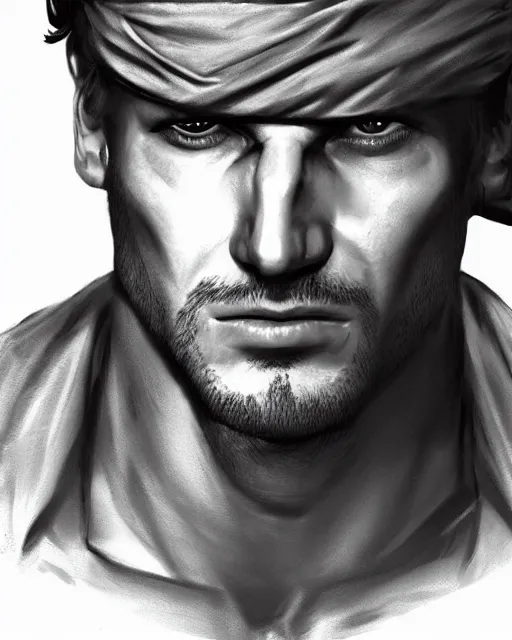 Image similar to solid snake bust portrait, cinematic lighting, backlit face, tired expression, close - up, black atmospheric background, 4 k ultra detailed digital photoshop painting, best of artstation hdr, official artwork hdr