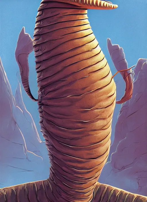 Image similar to portrait of Sandworm from Beetlejuice in Society (1989), highly detailed, centered, solid color background, digital painting, artstation, concept art, smooth, sharp focus, illustration, peter giancola, Joseph Christian Leyendecker, Les Edwards, Ed Repka, Basil Gogos, WLOP, Artgerm