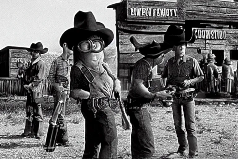 Image similar to minion cowboy saloon shootout, 3 5 mm scene from a western, 1 9 6 6