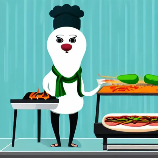 Prompt: white cartoon seal wearing green ski mask cooking hotdogs on the barbecue grill, 8k