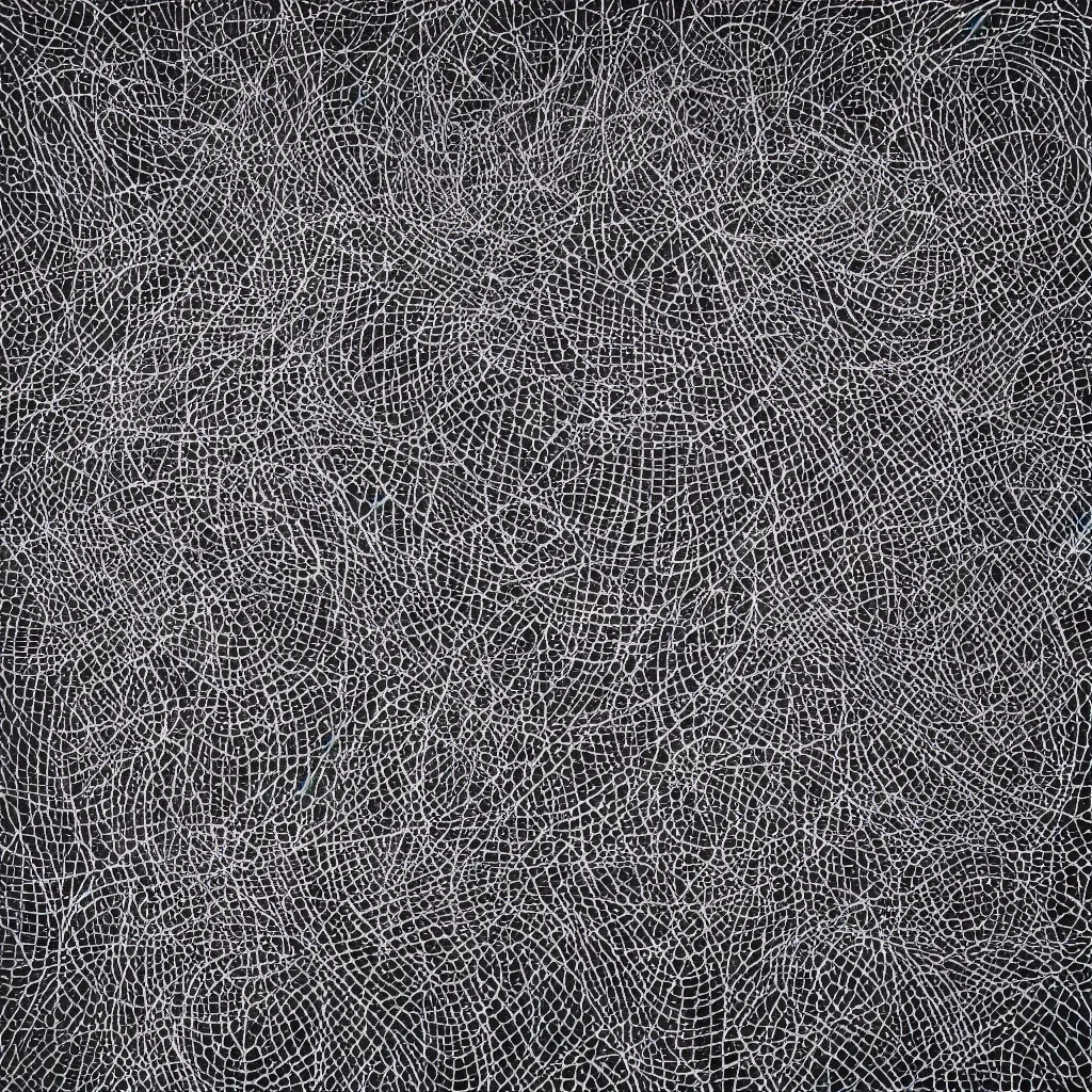 Image similar to pattern, anxiety, smiling, abstract, maya bloch artwork, ivan plusch artwork, cryptic, lines, stipple, dots, abstract, geometry, splotch, concrete, color tearing, uranium, acrylic, neon, pitch bending, human figures, faceless people, dark, ominous, eerie, minimal, points, technical, painting