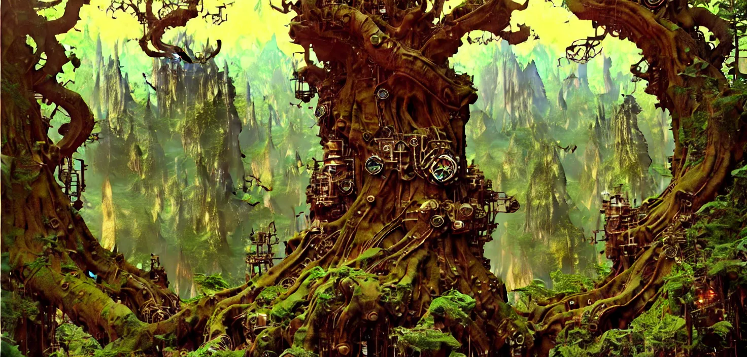 Image similar to exquisite imaginative fantasy landscape lush forests, gnarly trees, with steampunk castles movie poster by : : norman rockwell, sargent, james gurney weta studio, trending on artstation james jean frank frazetta