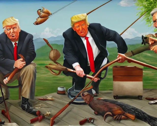 Prompt: painting of trump, stalin, mao, and hitler fishing by john mcnaughton,