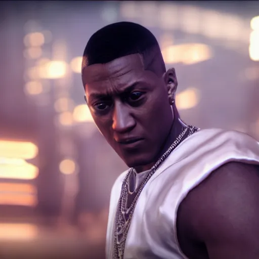 Image similar to a videogame still of Lil Boosie in Tekken 7, 40mm lens, shallow depth of field, split lighting