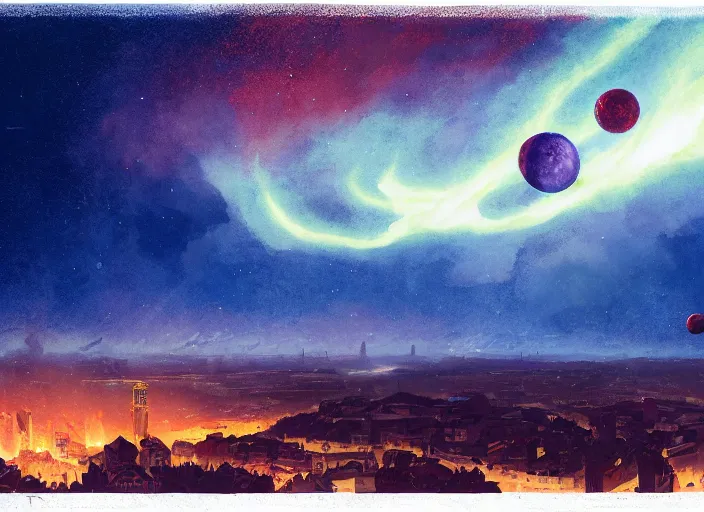 Image similar to destructive fiery shooting star meteor crashing down to renaissance rome city emerging from gold and royal blue asperitas clouds in cyberpunk theme, during an aurora borealis and red moon, intricate, elegant, by greg rutkowski, conrad roset, takato yomamoto, james jean, rule of thirds, highly detailed, refined