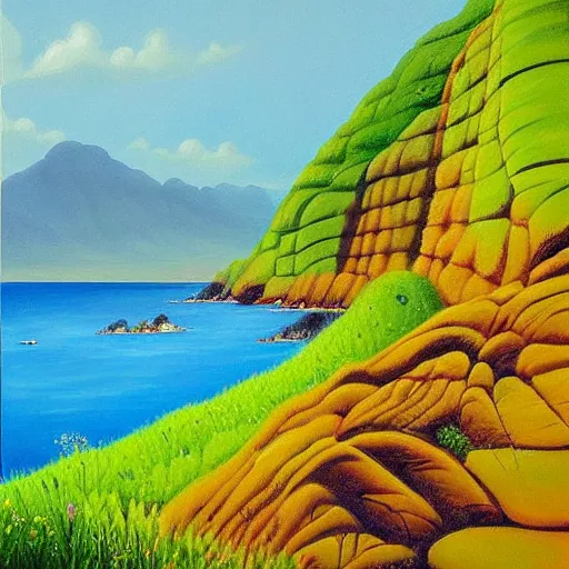 Image similar to painting of a lush natural scene on an alien planet by april gornik. beautiful landscape. colourful weird vegetation. cliffs and water.