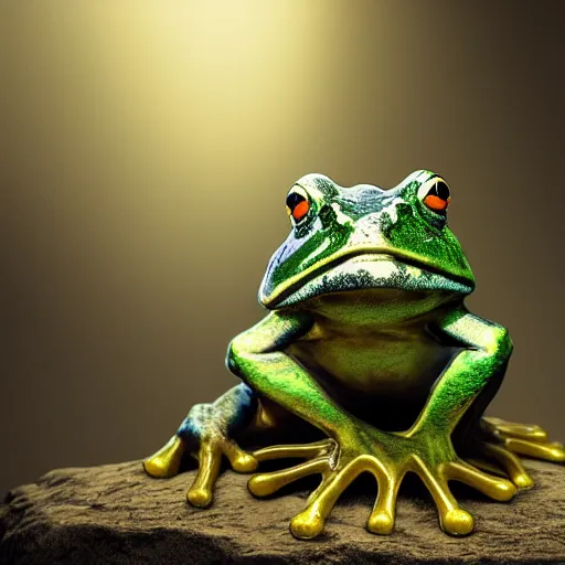 Image similar to hyperrealistic image of bullfrog, by thomas eakes & xiang duan, perfect symmetry, dim volumetric lighting, photorealistic, 8 k octane beautifully detailed render, post - processing, extremely hyper - detailed, intricate, epic composition, lifelike attributes, cinematic lighting, masterpiece, trending on artstation, very very detailed, stunning,