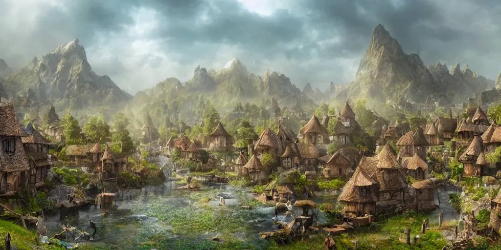 Image similar to beautiful matte painting of a fantasy village by weta workshop 4 k, cinematic dramatic atmosphere, dramatic lighting