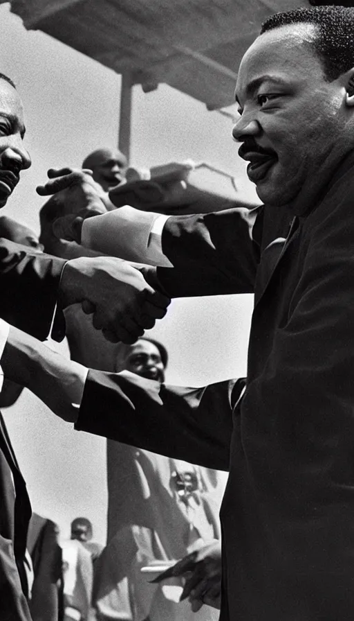 Image similar to black jesus shaking hands with martin luther king, photorealistic