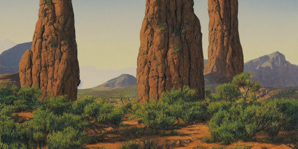 Prompt: illustration of a lush rock pillar landscape, (Utah landscape), (petro poster) by Reginald Montague Lander, (By Tom Purvis), By Joseph Binder