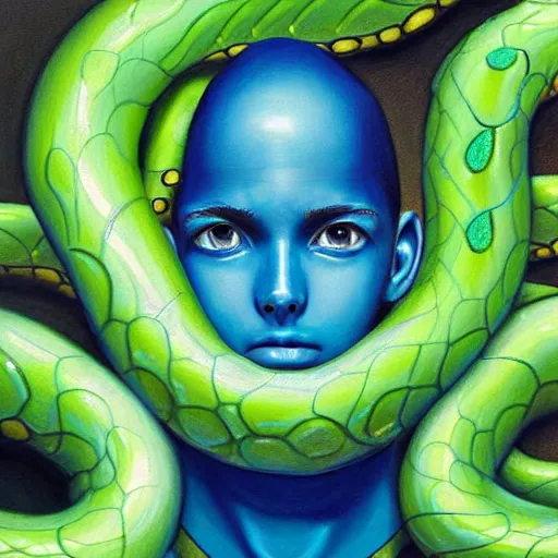 Image similar to 3 d, close - up, fashion model in a blue factory worker's overalls face looking down at the floor eyes sad tentacles instead of hands, green snakes background, soft light, smooth face feature, intricate oil painting, high detail illustration, sharp high detail, manga and anime 1 9 9 9