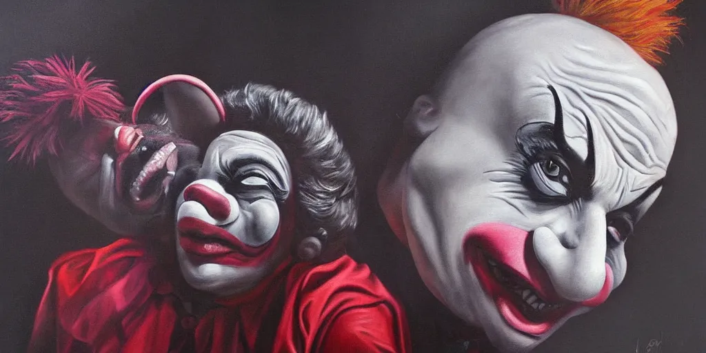 Prompt: a clown riding another clown high resolution amazing realistic painting