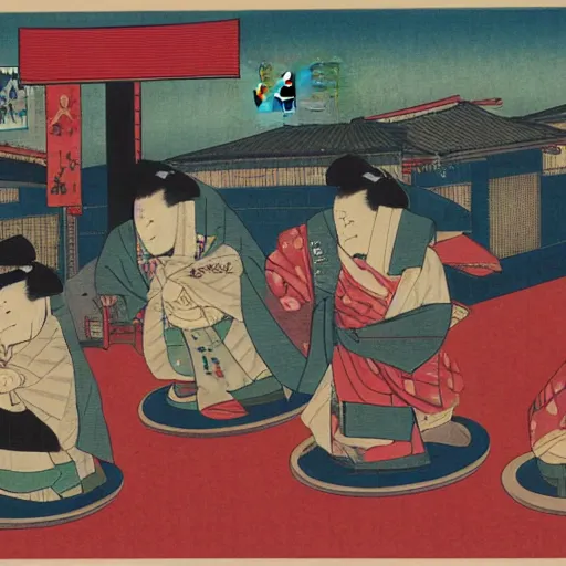 Prompt: Bears at shopping mall ukiyo-e