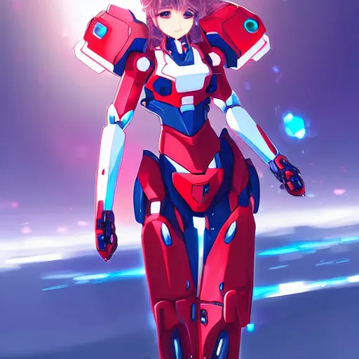 Image similar to digital anime art, cute mech girl wearing a red mech suit and blue eyes. wlop, rossdraws, sakimimichan