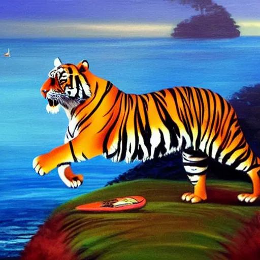 Prompt: tiger wearing sunglasses riding on a surfboard with tropical island landscape in background detailed magical realism painting