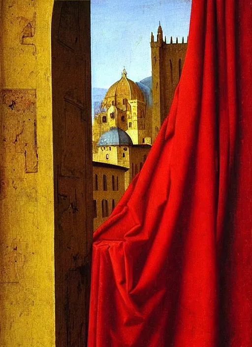 Image similar to red curtain, medieval painting by jan van eyck, johannes vermeer, florence