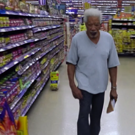 Image similar to a surveillance footage of Morgan Freeman at Walmart