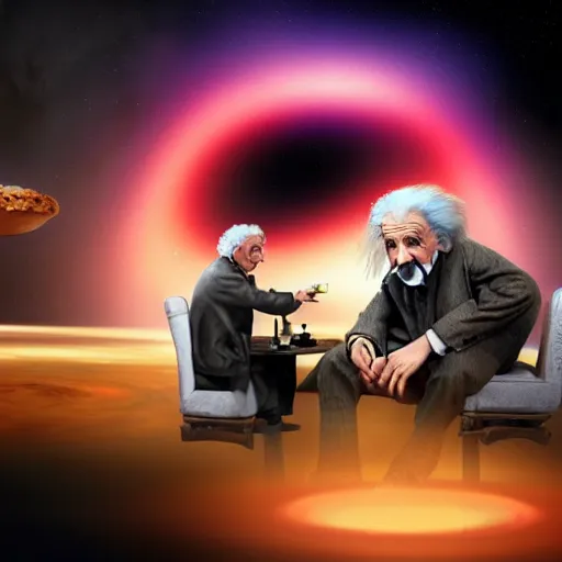 Image similar to Albert Einstein and Salvador Dali eating a Big Mac in front of a black hole, beautiful lighting,digital art , highly detailed , high contrast, beautiful lighting, award winning , trending on art station, 8k, photorealistic,unreal engine 5