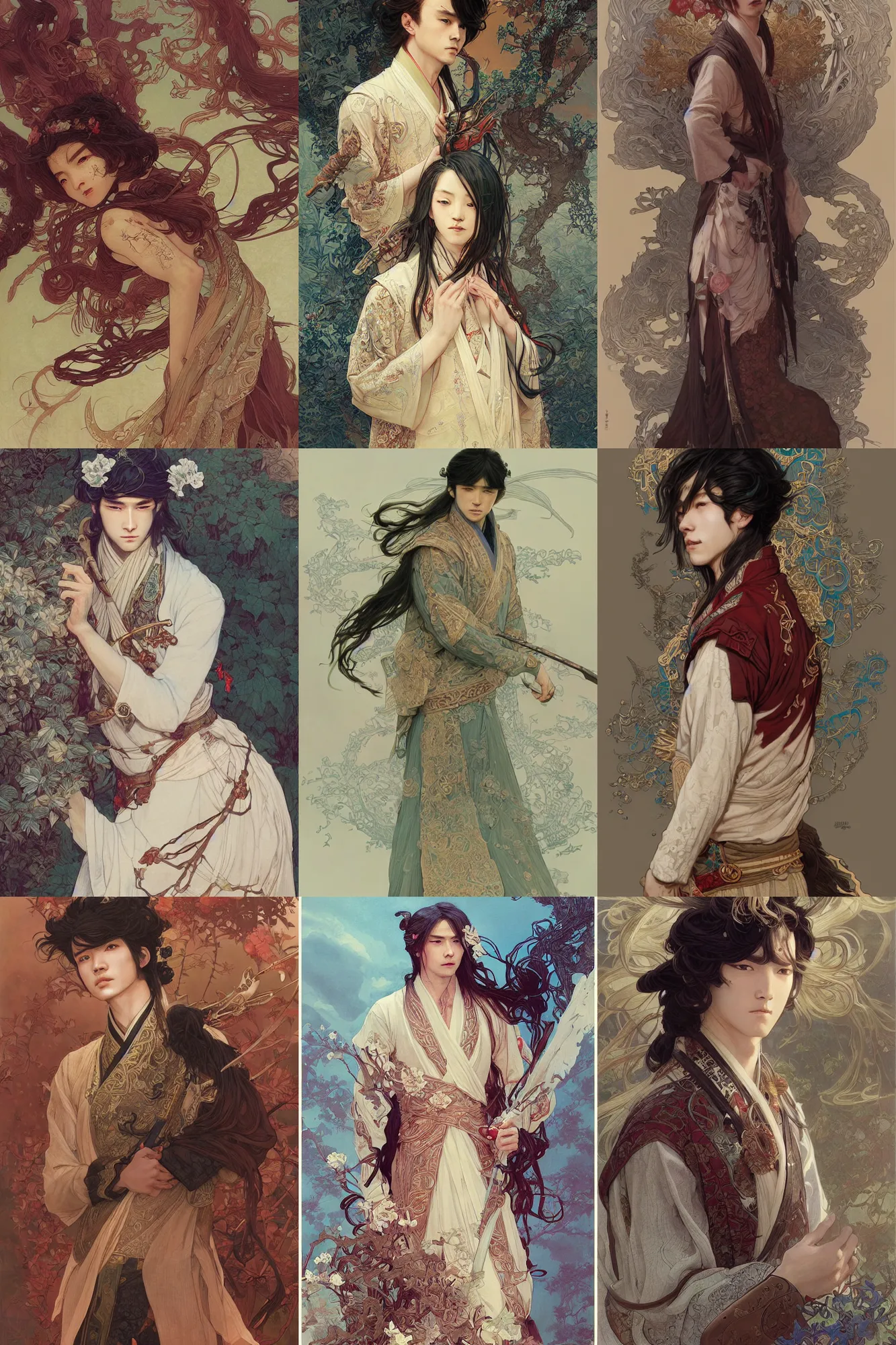 Image similar to young male, long hair, hanfu, fantasy, highly detailed, intricate, smooth, art by joseph leyendecker, peter mohrbacher, ruan jia, marc simonetti, ayami kojima, cedric peyravernay, alphonse mucha, victo ngai