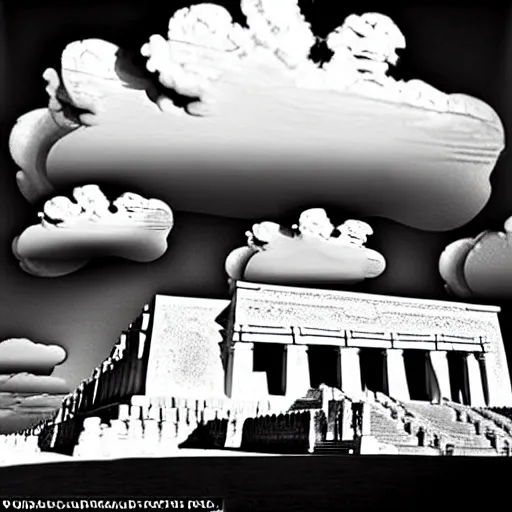 Prompt: clouds shaped like the second temple in jerusalem, awe inspiring, masterpiece surrealism