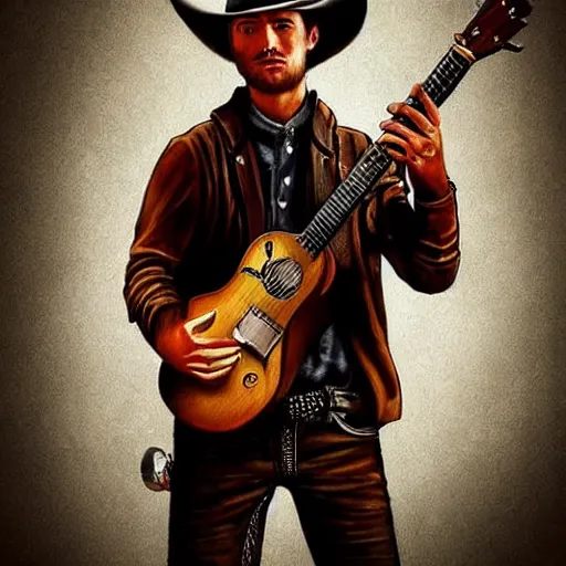 Prompt: modern oil portrait of young charming gunslinger cowboy, holding a pistol and a guitar, fantasy desert background, very very very very very beautiful art, masterpiece, realistic and detailed, artstation