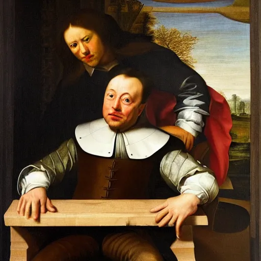 Prompt: Elon musk sitting on a wooden table, renaissance painting, 1700s, old