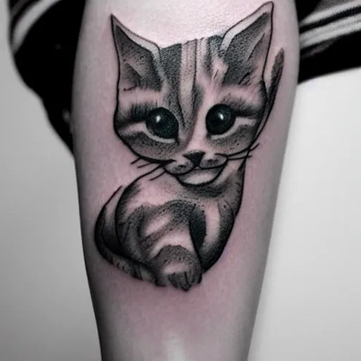 Image similar to cartoon tattoo of a cute kitten with a white border on a light gray background