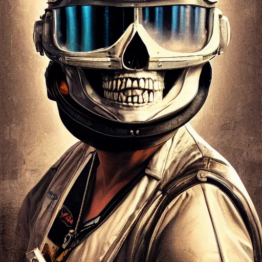 Prompt: a portrait of an anthropomorphic vintage skull in a racing helmet by sandra chevrier, detailed render, epic composition, cybernetics, 4 k realistic, cryengine, realistic shaded lighting, sharp focus, masterpiece, by matteo scalera, gary montalbano, peter elson in the style of the tokyo ghost comic