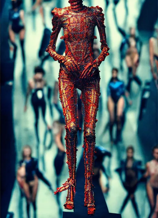 Prompt: walking down the catwalk, steven klein, ben watts, show, stage, vogue photo, podium, fashion show photo, iris van herpen, beautiful woman, perfect body, full body shot, helmet on face, masterpiece, guyver, jellyfish, biomechanical details, movie still, fauvism, cinestill, bokeh, gelios lens