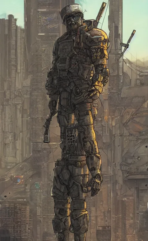 Image similar to a cyberpunk soldier with tactical gear and a rifle patrols a Japanese city on mars, Industrial Scifi, detailed illustration, character portrait, by Martin Grip and Moebius