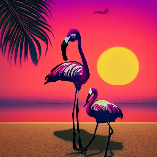 Prompt: pink flamingo on the beach under the sunset, gta artstyle, trending on artstation, macro, highly intricate, vibrant, digital painting, portrait, hd, cinematic, dramatic, ultra detailed, illustration, 8 k, 4 k