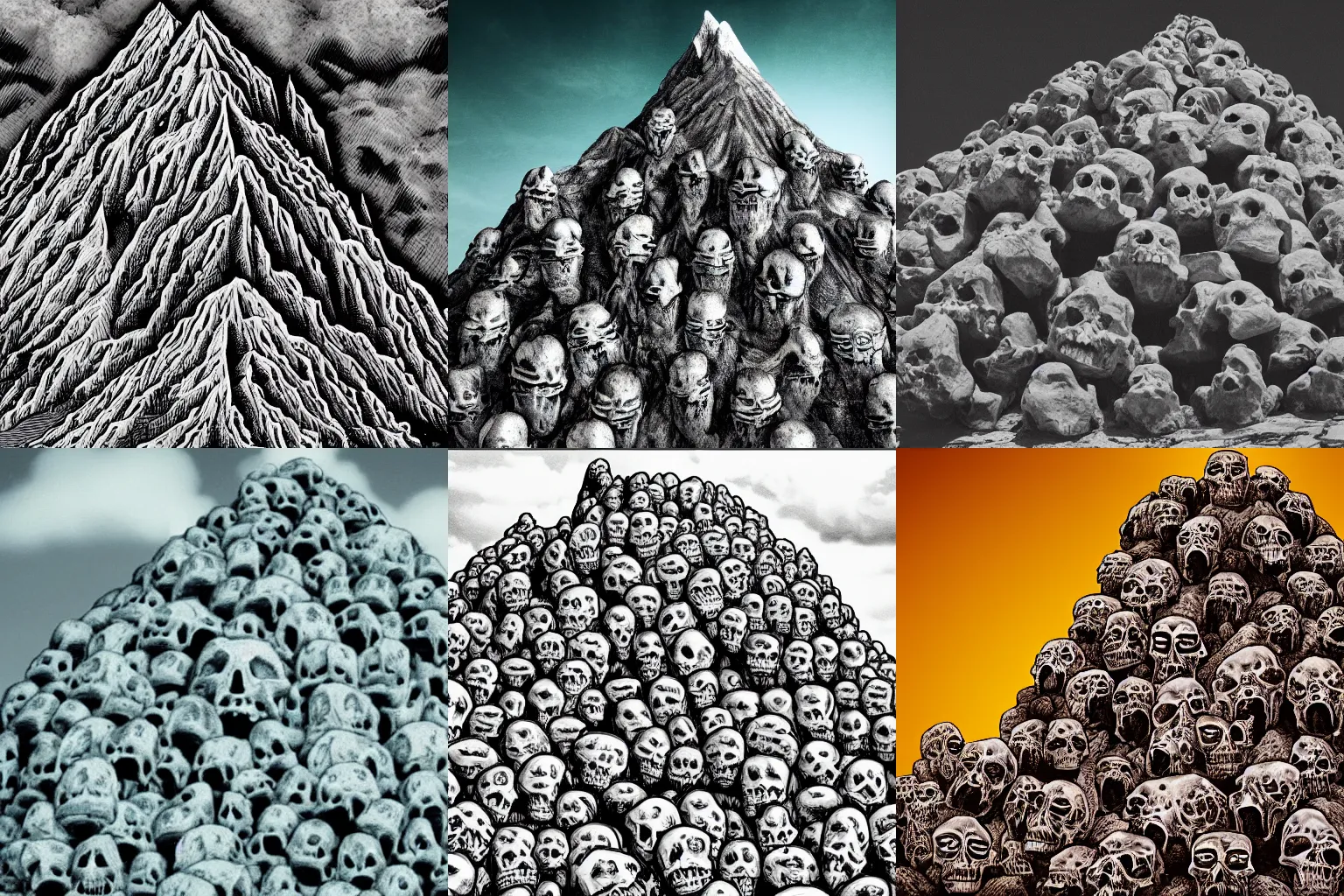 Prompt: a highly detailed photograph of a mountain of skulls