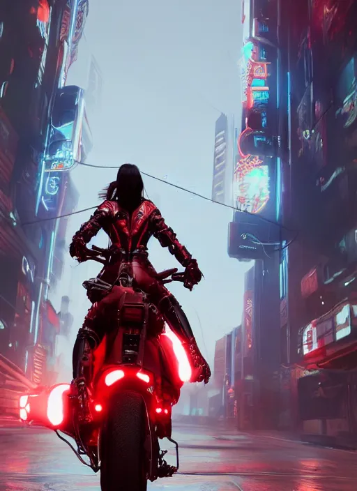 Prompt: a woman riding on the back of a red motorcycle, cyberpunk art by eddie mendoza, cgsociety contest winner, afrofuturism, rendered in unreal engine, unreal engine 5, unreal engine