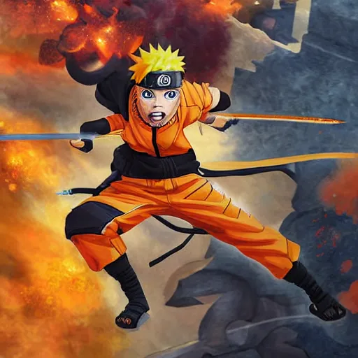 Prompt: a highly detailed painting of naruto playing Garena Free Fire fulfilling an important mission and fighting against many opponents in clock tower