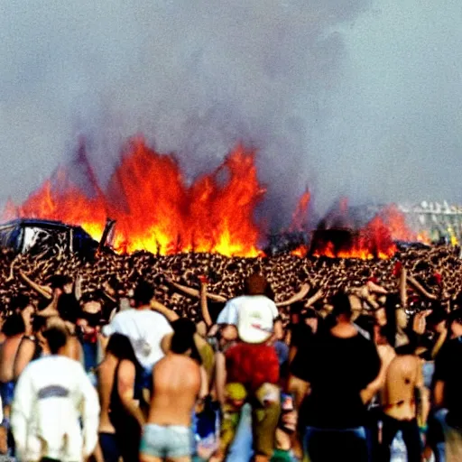 Prompt: woodstock 99 burning