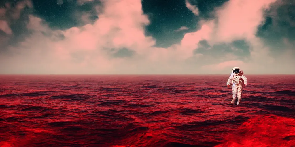 Image similar to an astronaut emerging from an ocean of red water, otherwordly sky, cinematic, 35mm, photography, High definition, 8k, detailed, deprh of field, photorealistic, epic atmosphere