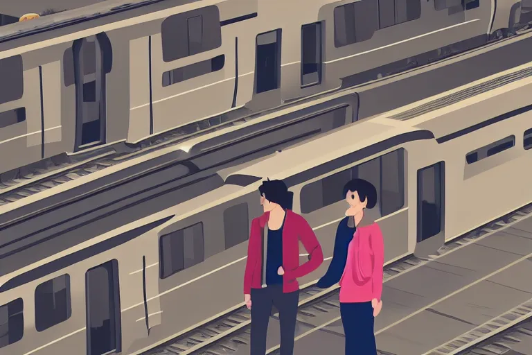 Prompt: vfx movie couple in a train station flat color profile cinematography