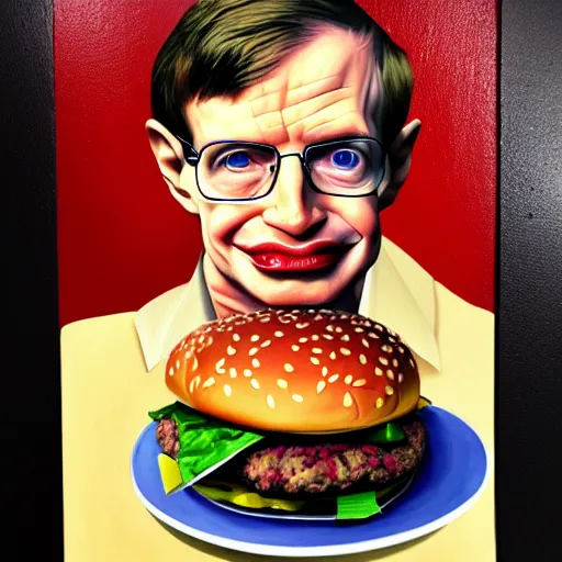 Prompt: oil painting of ripped muscular stephen hawking with huge big mac hamburgers, intricate, elegant, highly detailed, lighting, painting, artstation, smooth, illustration, art by greg rutowski and alphonse mucha