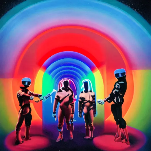 Image similar to the emperors of time wearing techno visors and red rick owens flight suits with their hands behind their backs inside the glowing geometric rainbow portal to the sixth dimension by frank frazetta