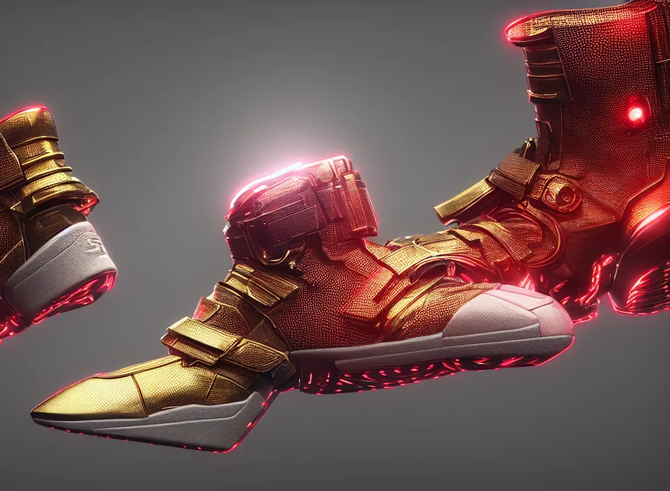 Prompt: realistic 3 d render of a cyberpunk android sneaker, beautiful studio lighting, soft, sharp focus, neon cyberpunk highlights, intricate detail, gold and red accents, soft rubber, octane render, side view, close up, trending on artstation, deviantart, moebius, lloyd wright, feng zhu