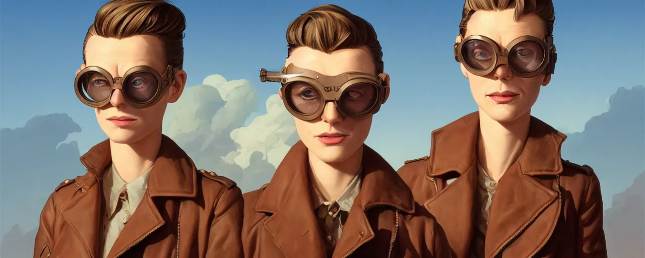 Prompt: stoic heroic emotionless butch blonde woman aviator with short slicked - back hair, wearing dark - lensed victorian goggles, wearing brown leather jacket, moebius, rough paper, behance hd by jesper ejsing, by rhads, makoto shinkai and lois van baarle, ilya kuvshinov, rossdraws global illumination.