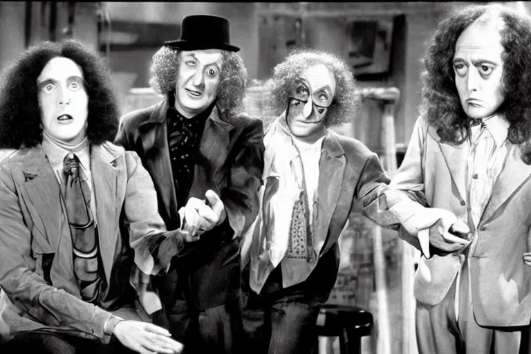 Image similar to Billy Wilder, Marty Feldman and weird al Yankovic in a still of the movie Young Frankenstein, hyperrealistic, cinema