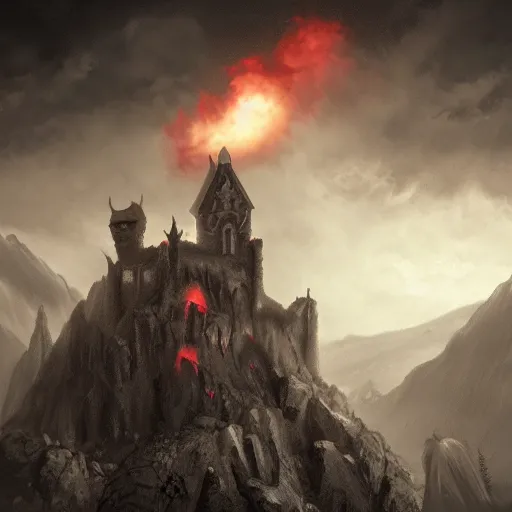 Image similar to castle of satan on a mountain in hell, dark atmospheric, trending on artstation