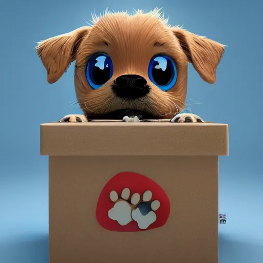 Image similar to dog character, in a box, small puppy, rich dog, high quality, 3 d render, dog in mountain, soft, concept art, intricate details, highly detailed, colorful, photorealistic, disney pixar, octane render, iridescent, anime, 8 k